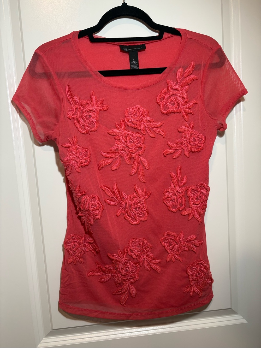 INC International Concepts Coral Embroidered Mesh Tee